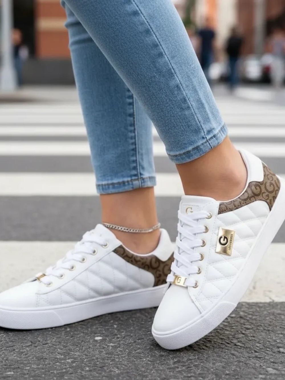 G by Guess White Quilted Sneakers with Brown Logo Accent